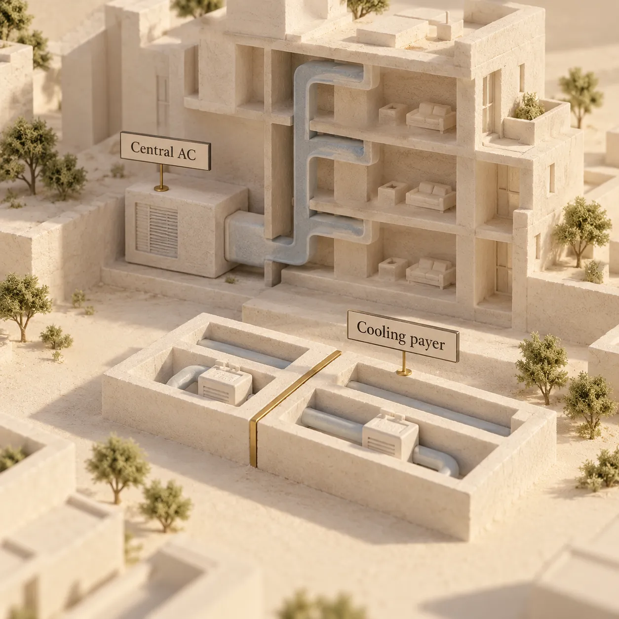 Conceptual plaster model separating central AC equipment from cooling payer responsibility