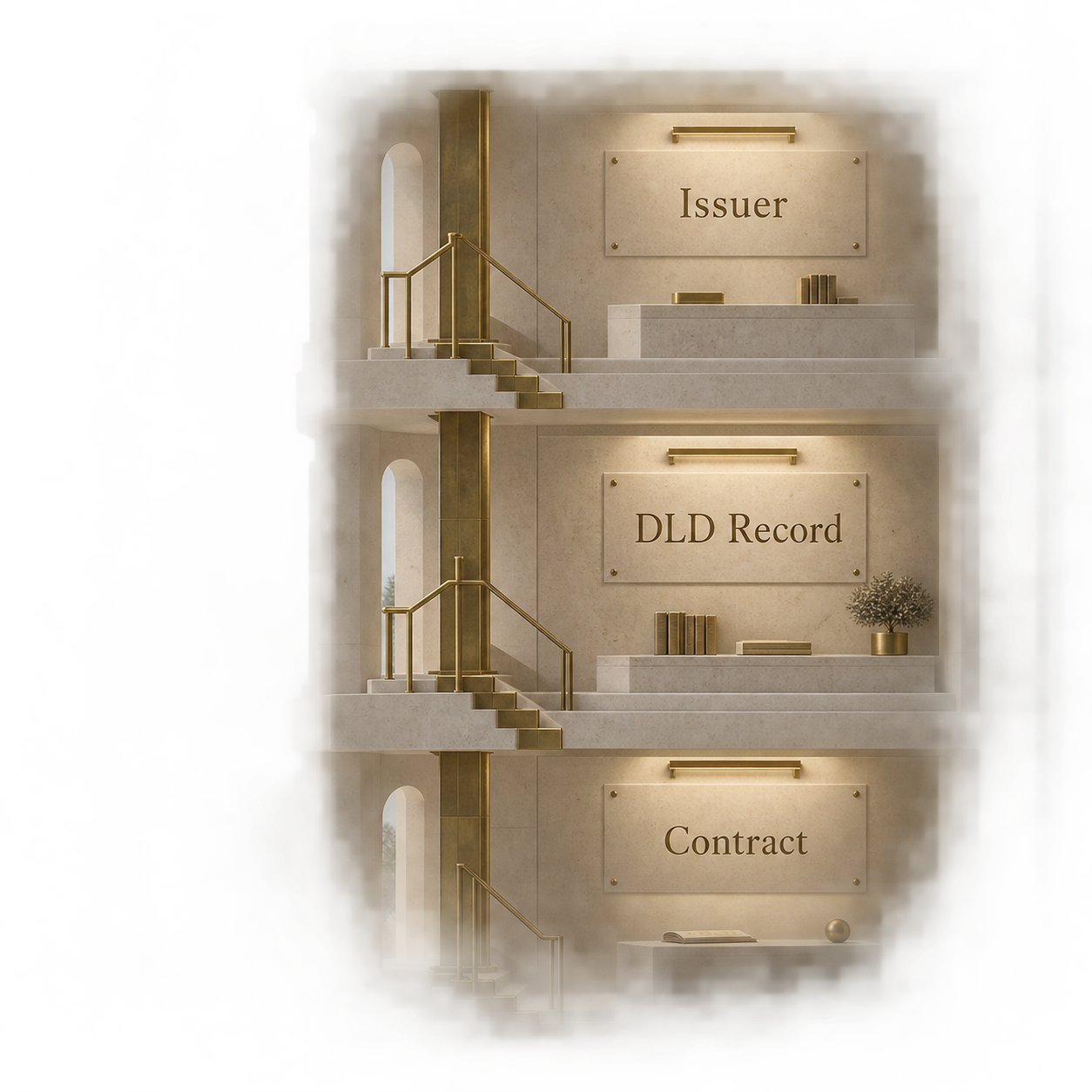 Three-layer evidence sequence from issuer to DLD record to contract