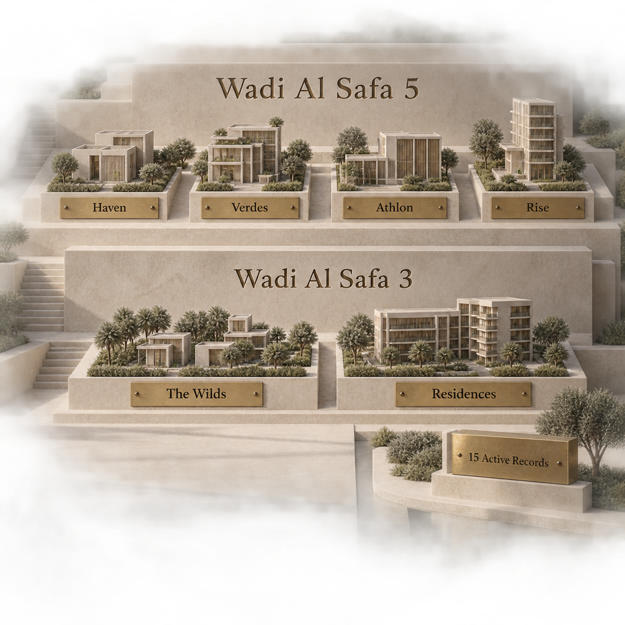 Schematic of Aldar Dubai project families grouped between Wadi Al Safa 5 and Wadi Al Safa 3