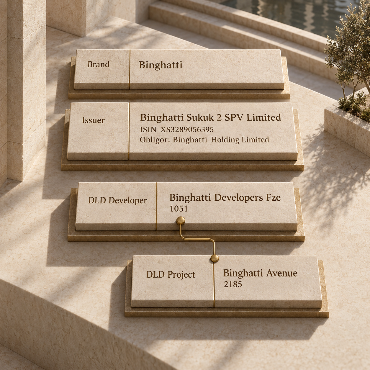 Four Binghatti record layers separating the sukuk issuer and obligor from DLD developer 1051 and project 2185