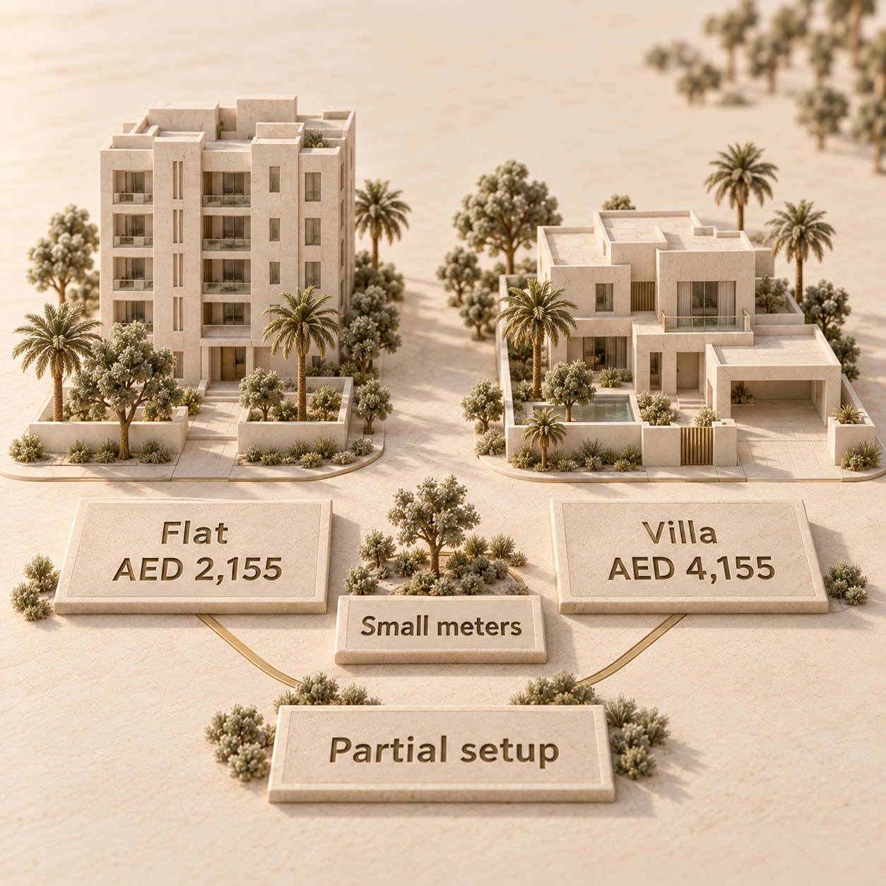 Small-meter partial DEWA setup subtotals of AED 2,155 for a flat and AED 4,155 for a villa