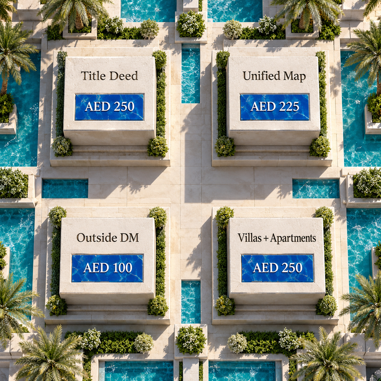 DLD title deed and map fee labels kept as separate route-specific lines
