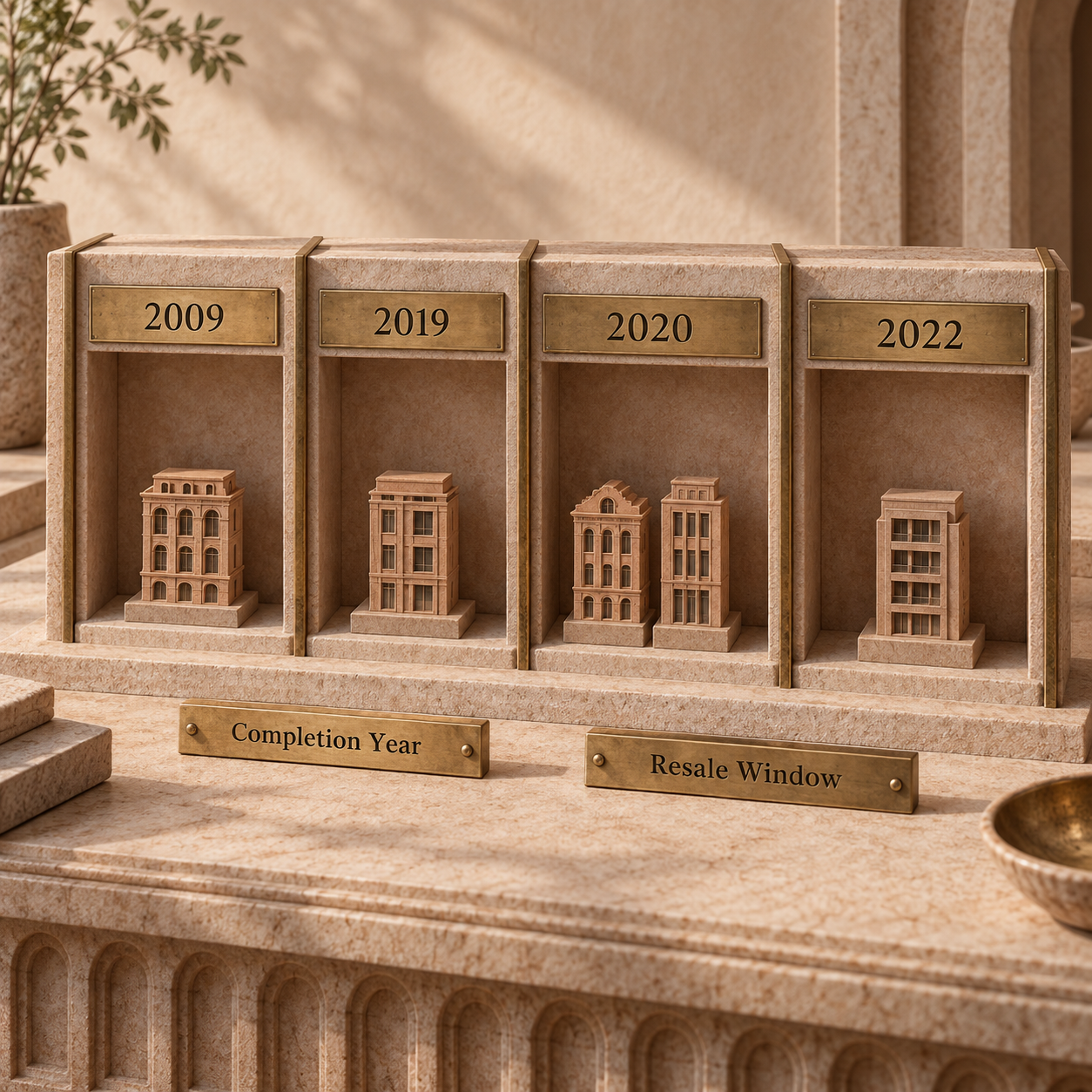 Four completion-year archive bays showing one project in 2009, one in 2019, two in 2020 and one in 2022