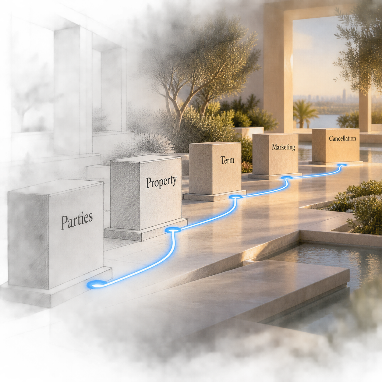 Five-part Form A evidence path from parties and property to cancellation