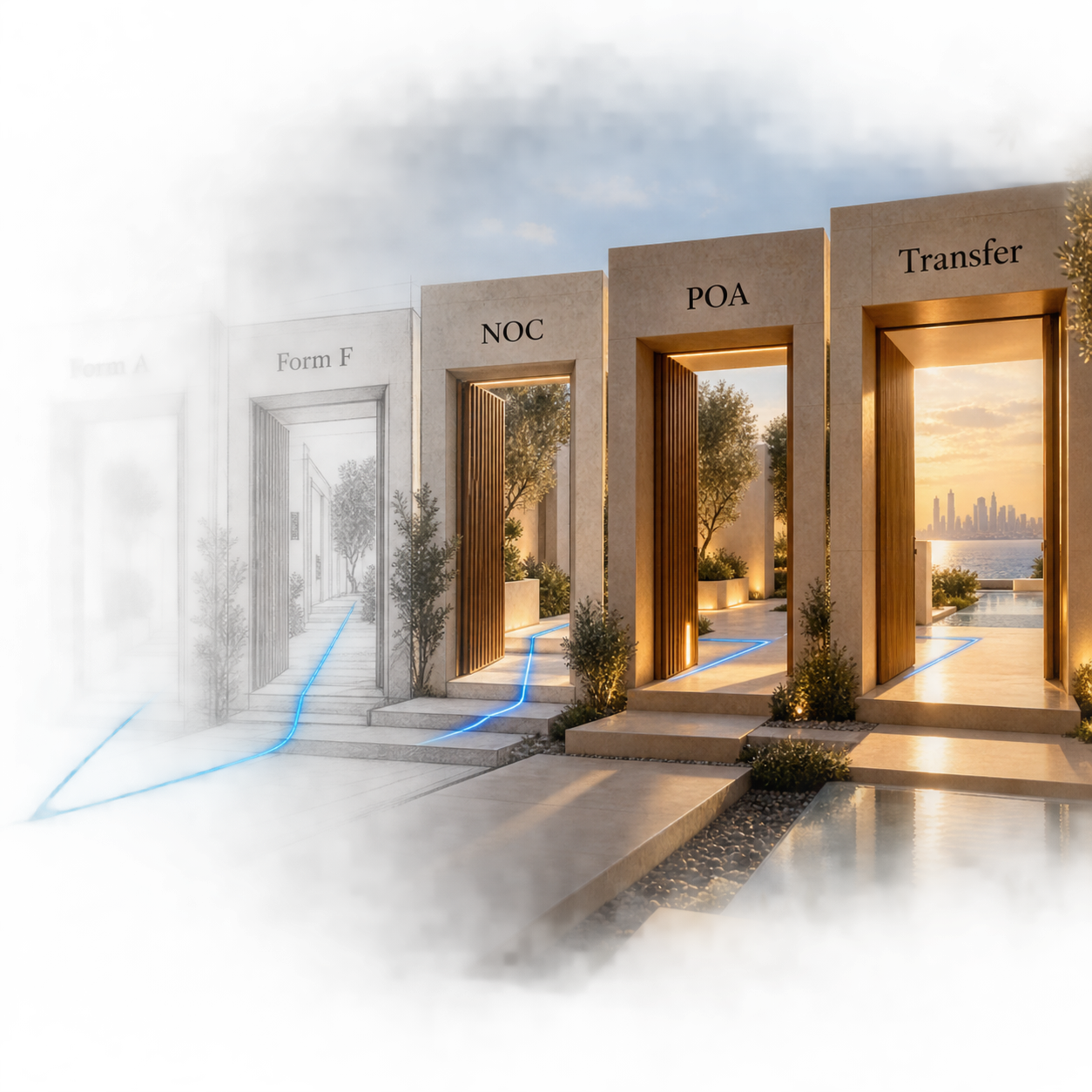 Five distinct records in a Dubai property sale: Form A, Form F, NOC, POA and transfer