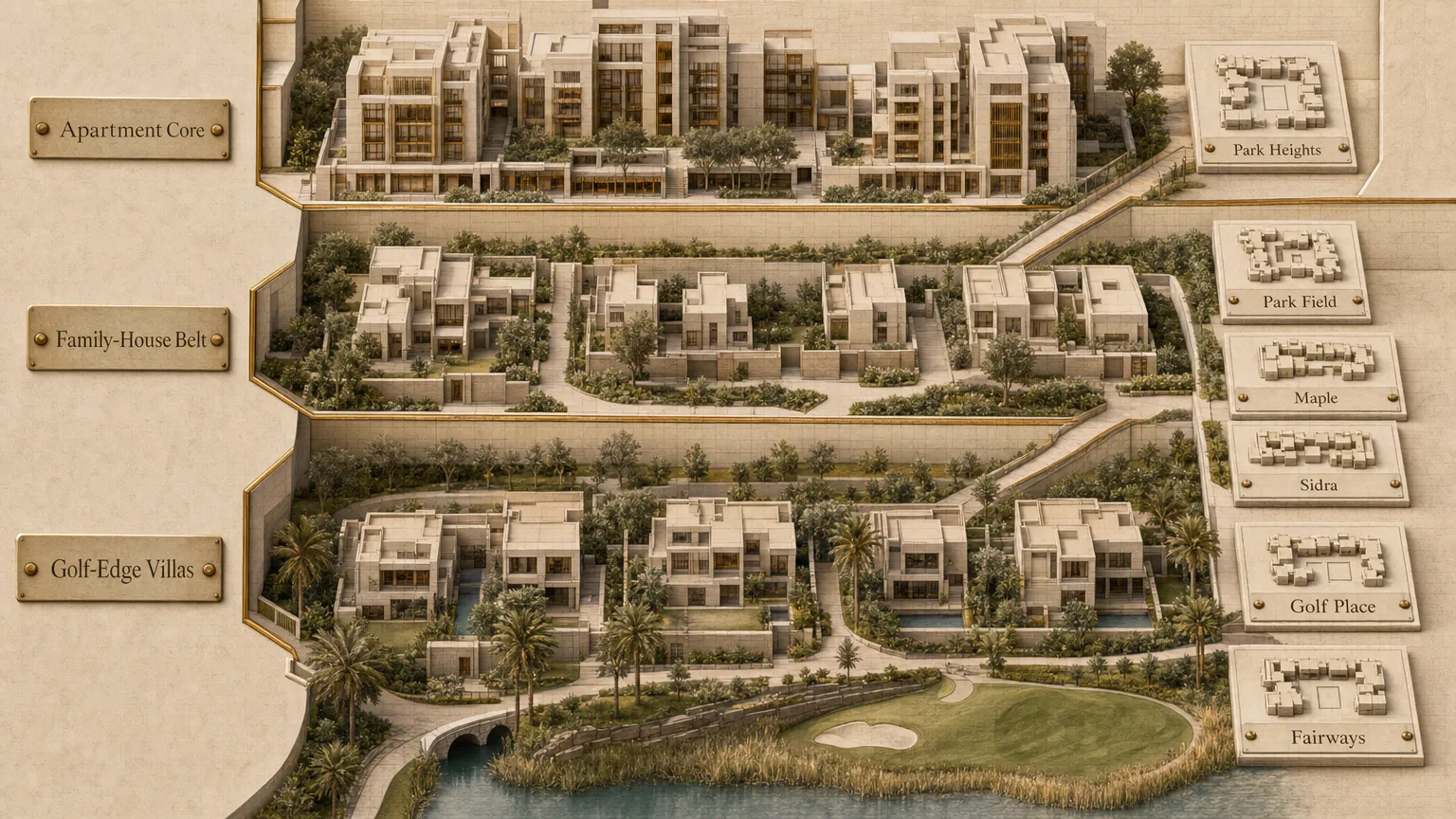 Abstract three-band guide to Dubai Hills Estate housing formats