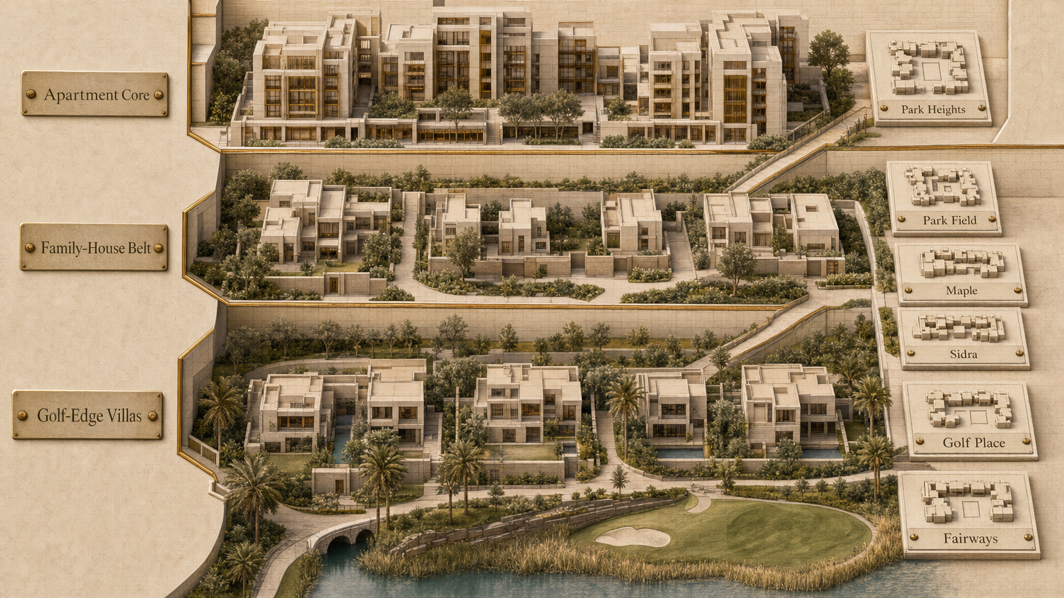 Abstract three-band guide to Dubai Hills Estate housing formats