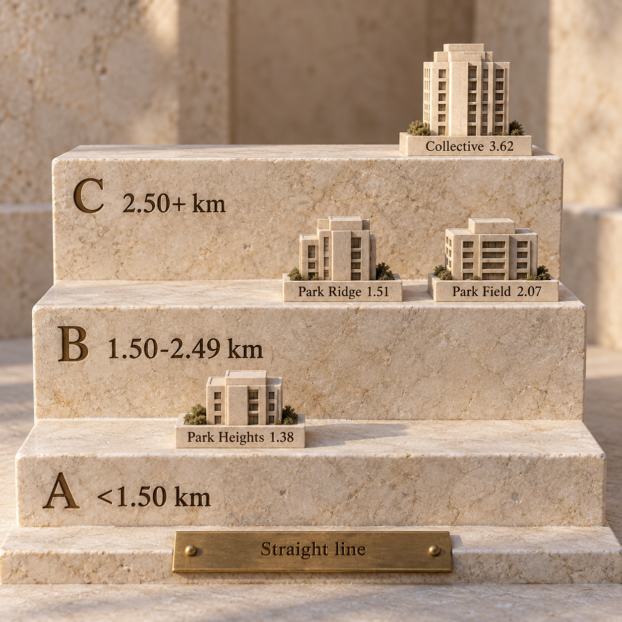 Publication distance bands for four Dubai Hills apartment project records