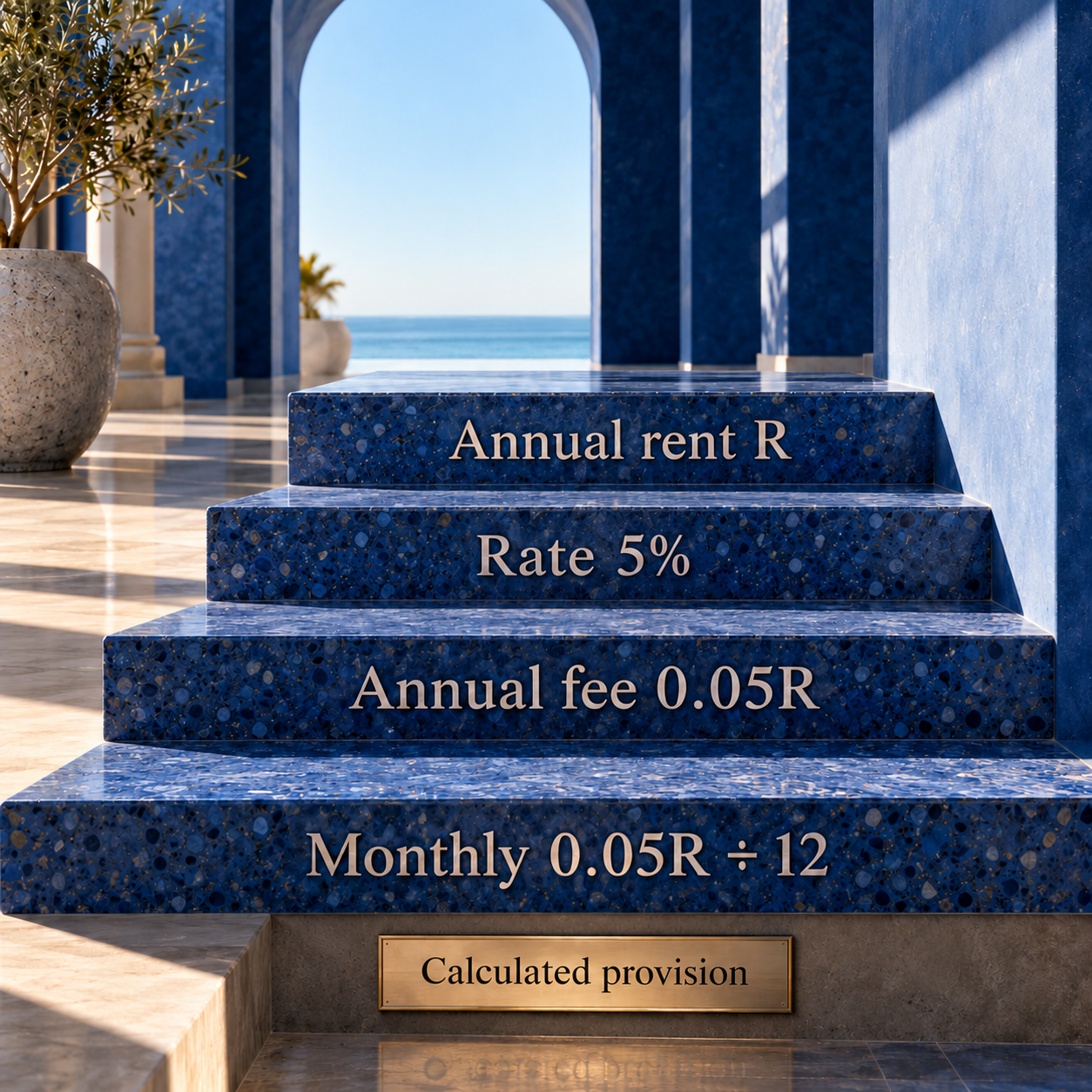 Conceptual calculation showing annual rent R, the published tenant rate, annual fee and calculated monthly provision