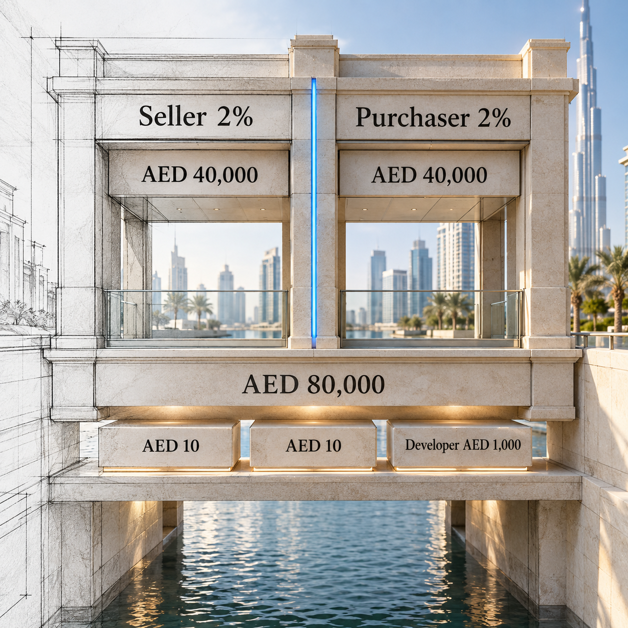 Official initial-sale registration fee split on an illustrative AED 2 million sale
