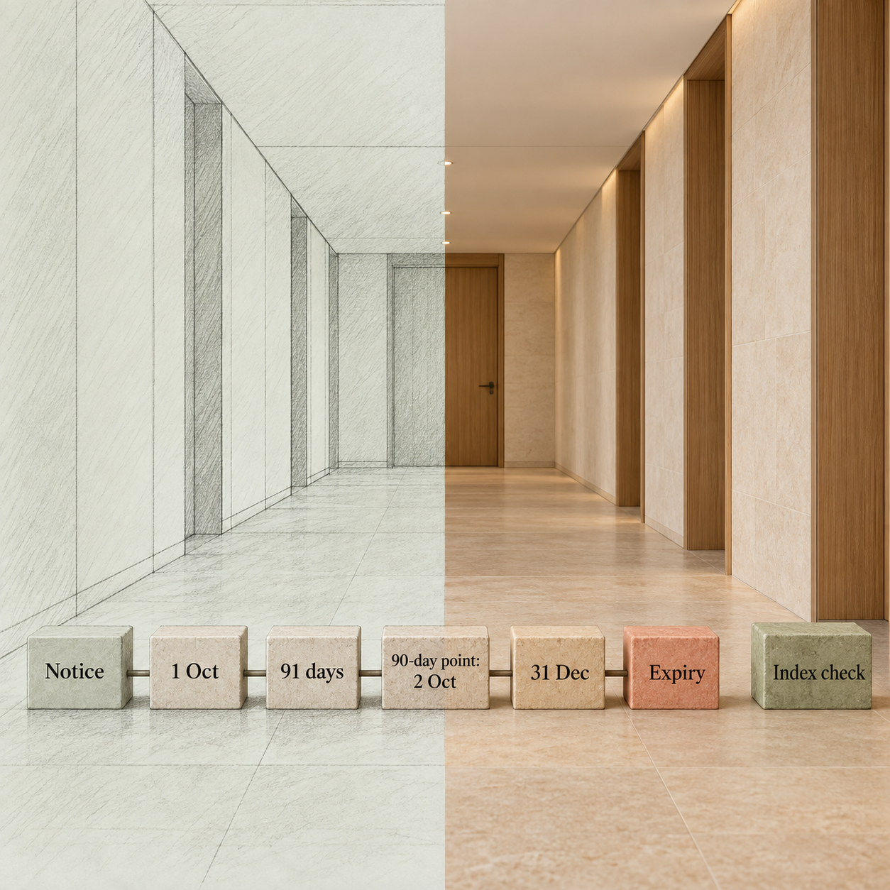 A dated calendar showing a notice delivered 91 days before a Dubai tenancy expires and the separate index check