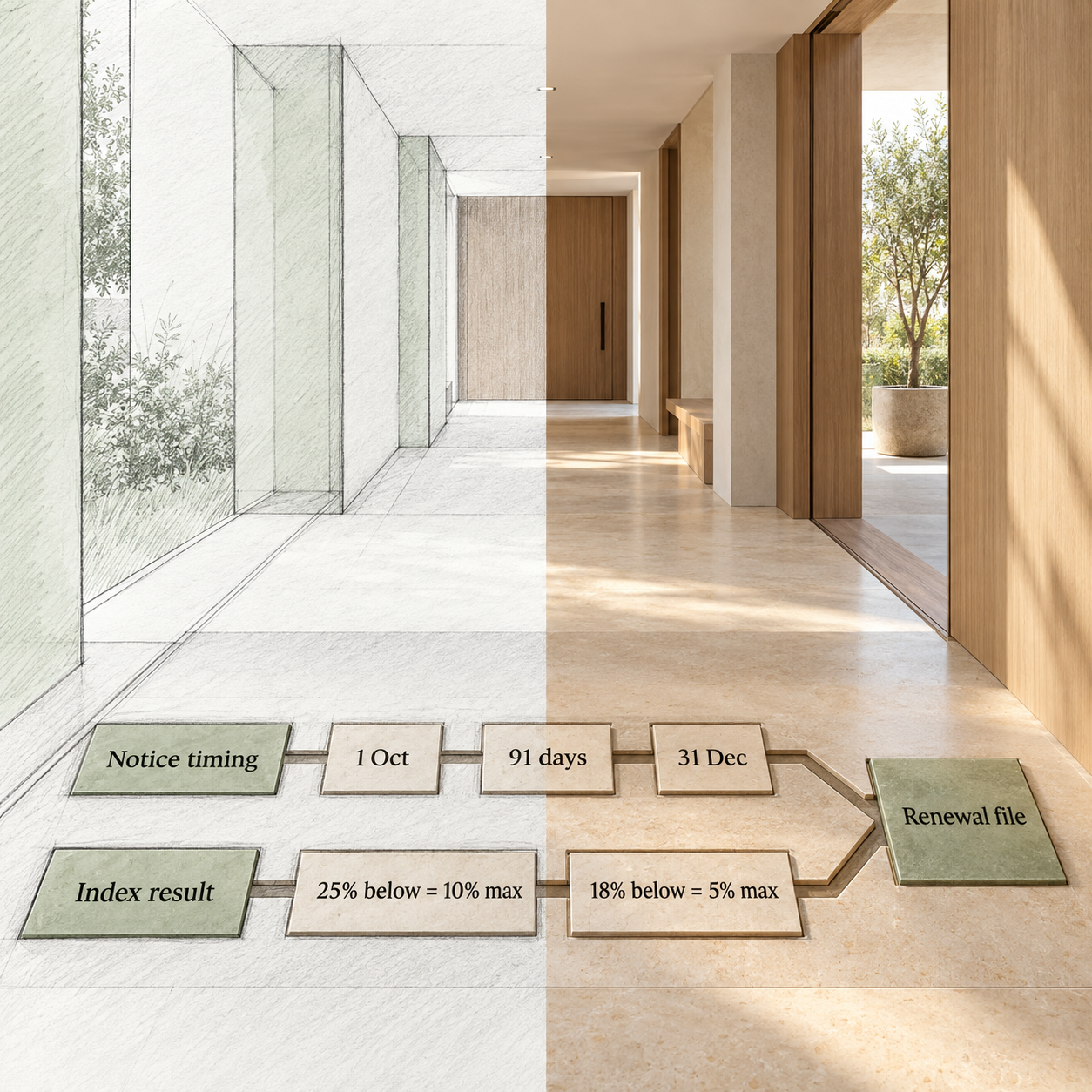 Two parallel evidence tracks separating the 90-day notice test from the Rental Index result