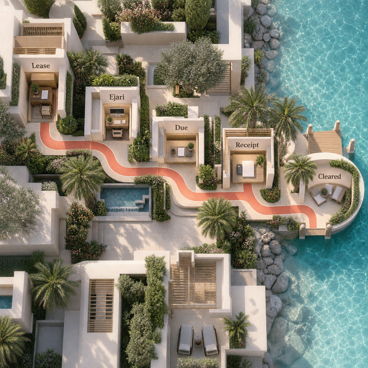 Five-stage Dubai rent evidence chain from signed lease to cleared cash
