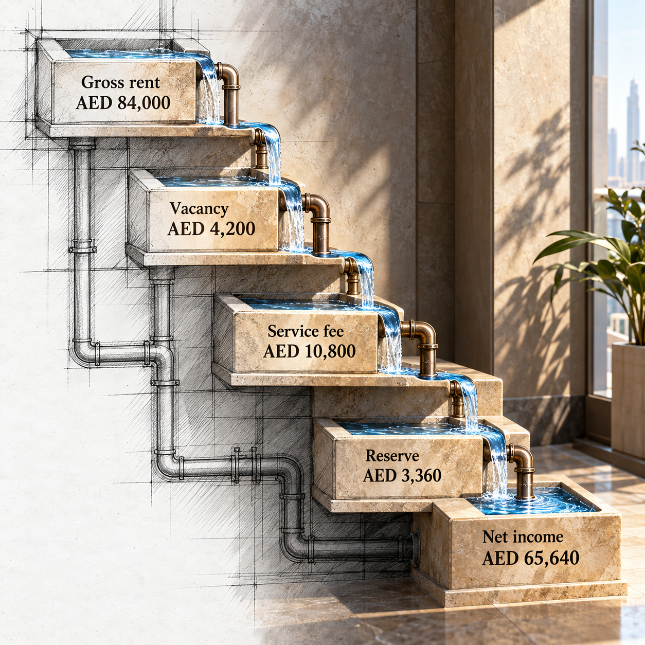 Five-stage ledger from AED 84,000 gross rent to AED 65,640 modelled net income