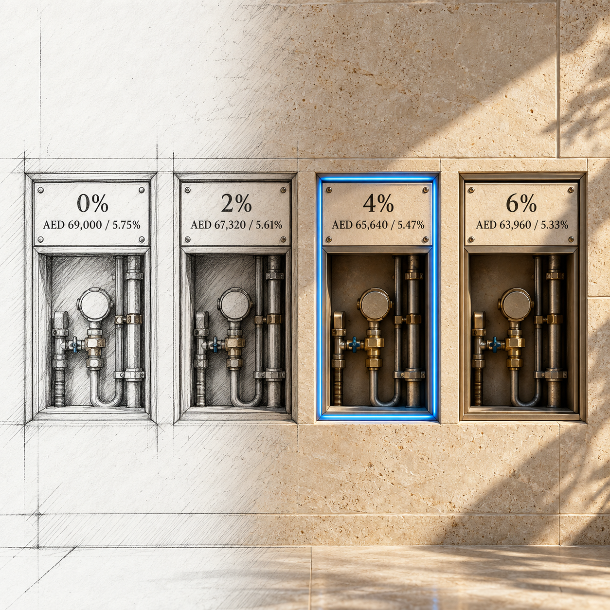 Four maintenance allowance scenarios from zero to six percent of gross rent