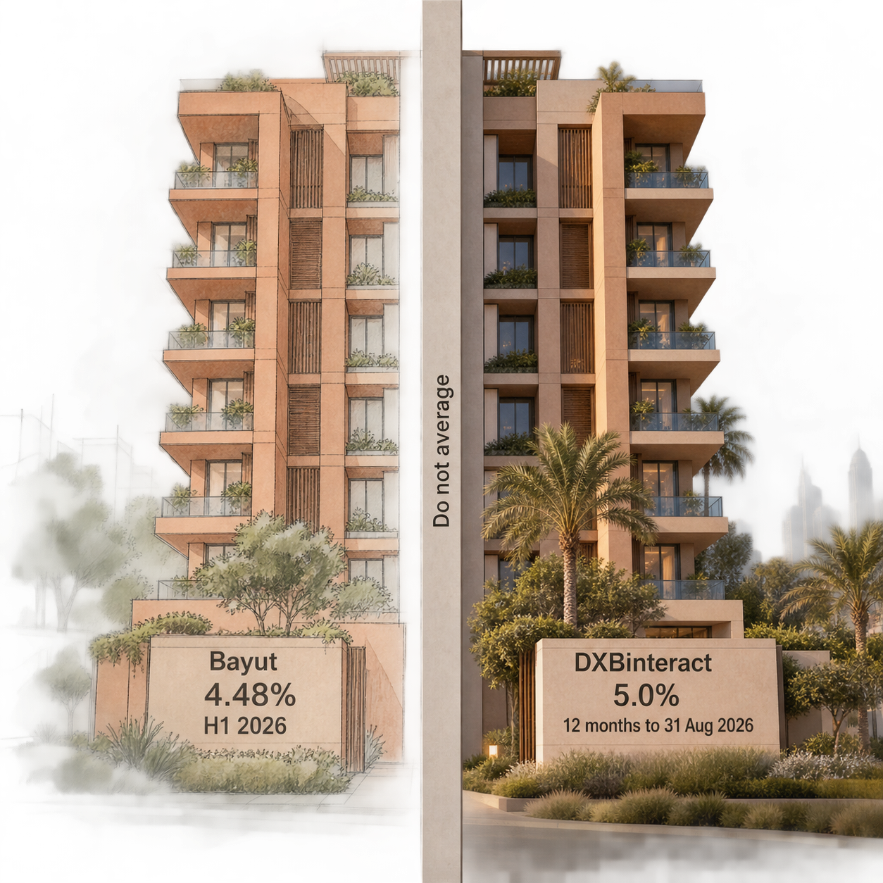 Bayut and DXBinteract Palm Jumeirah rental yields shown with their different periods