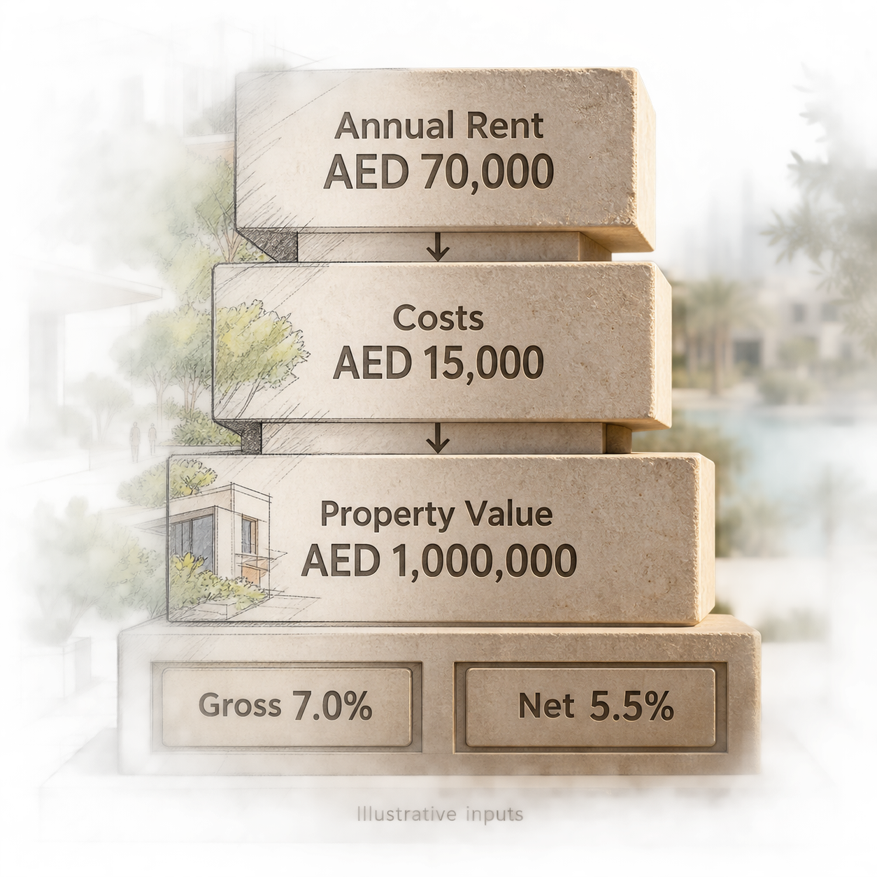 Gross and net rental yield calculation using transparent illustrative inputs