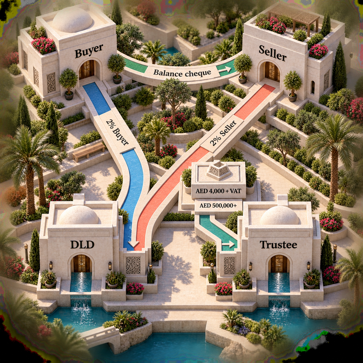 Ordinary Dubai resale payment map showing seller and buyer DLD shares, seller balance and trustee fee