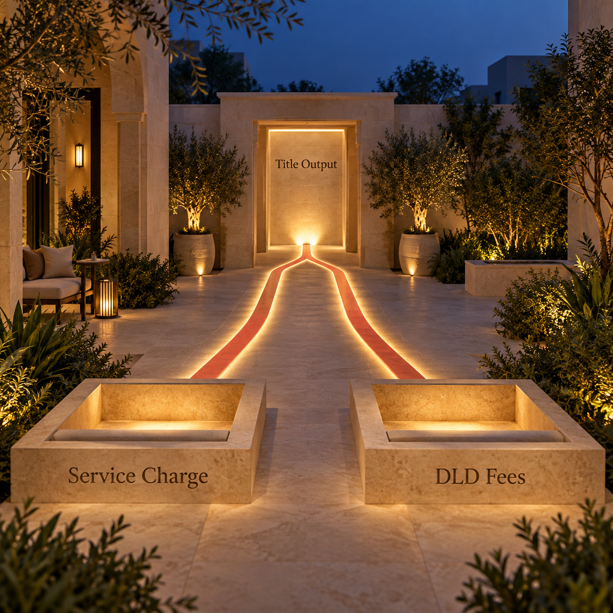 Separate service-charge and DLD fee records leading to the title output