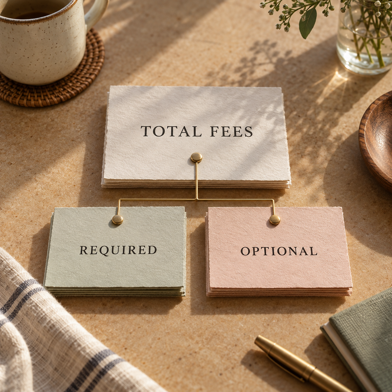 Three-layer school fee worksheet separating total fees, required supplies and optional services