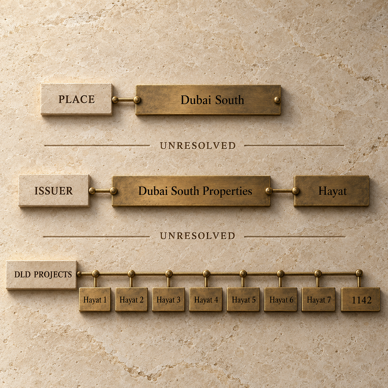 Three parallel record rails for Dubai South place, issuer wording and seven DLD Hayat project records, with unresolved gaps preserved