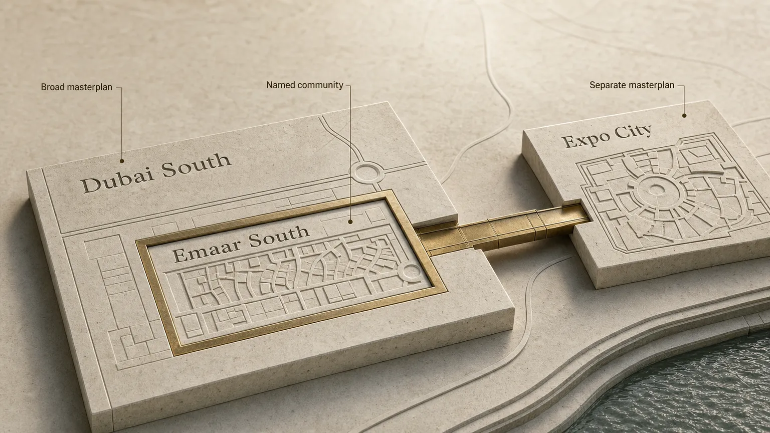Conceptual relationship map separating Dubai South, Emaar South and Expo City Dubai