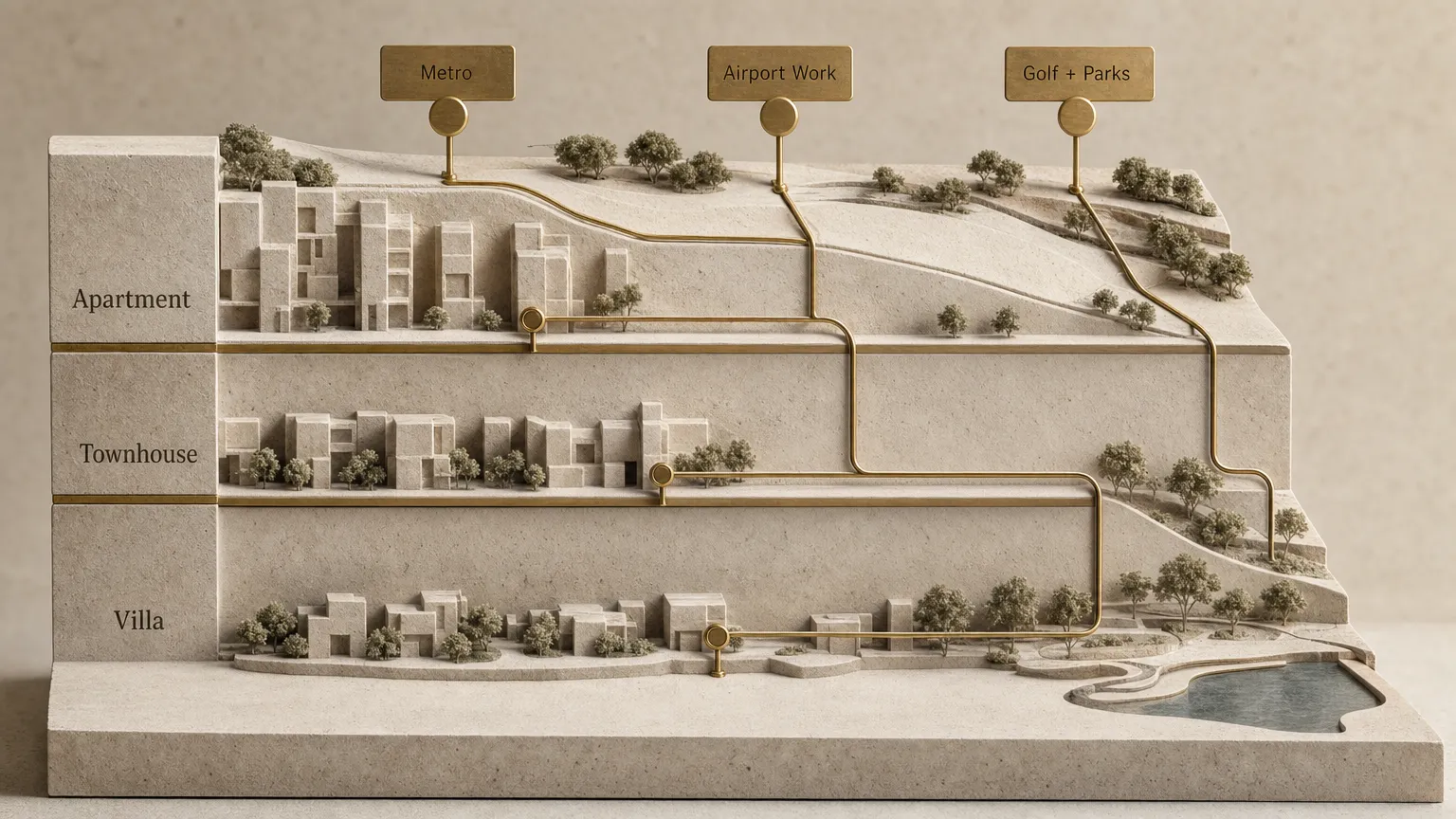 Conceptual section comparing apartment, townhouse and villa profiles with metro, airport and golf access