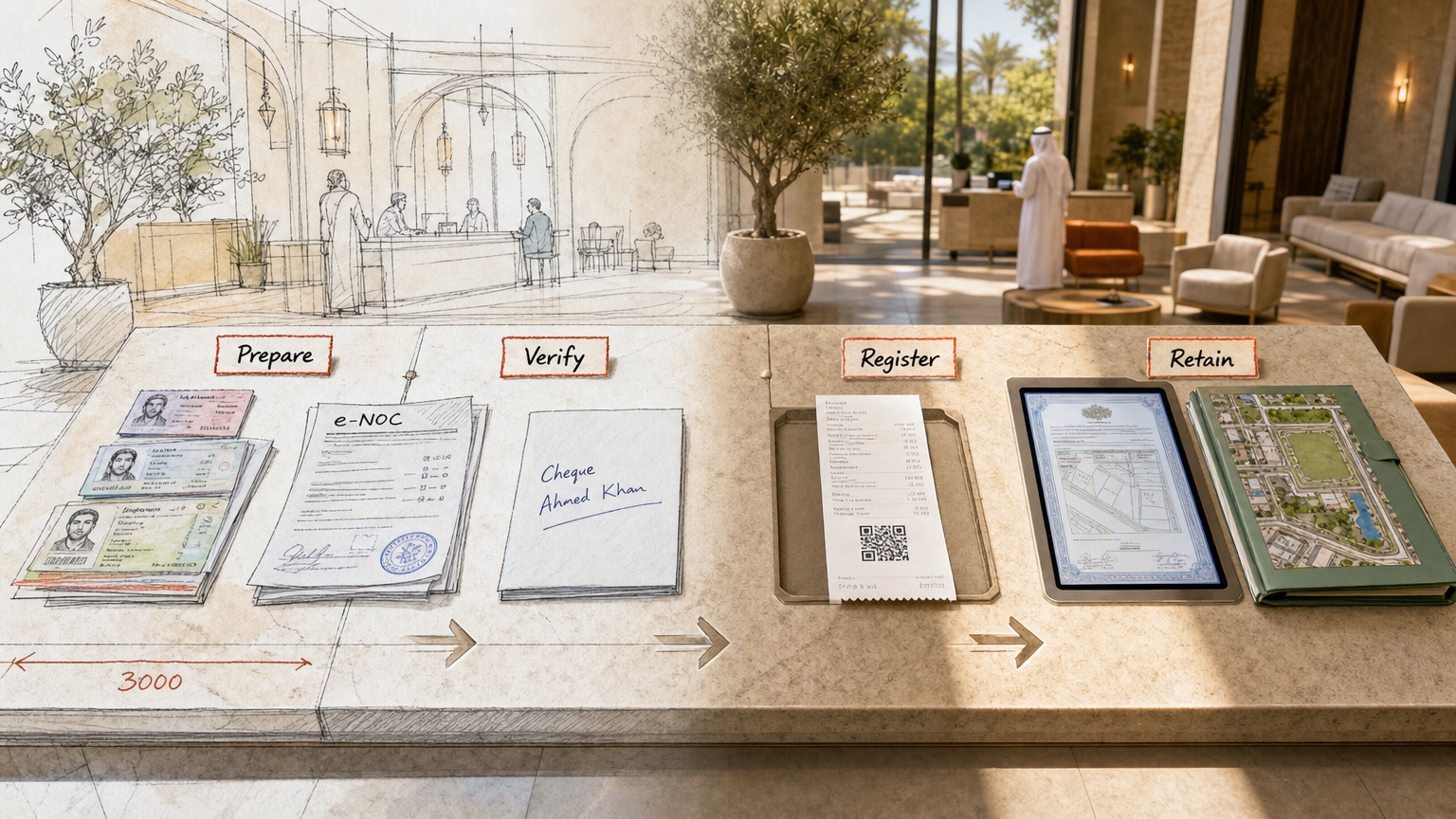 Four-stage Dubai trustee transfer sequence from preparation to title deed