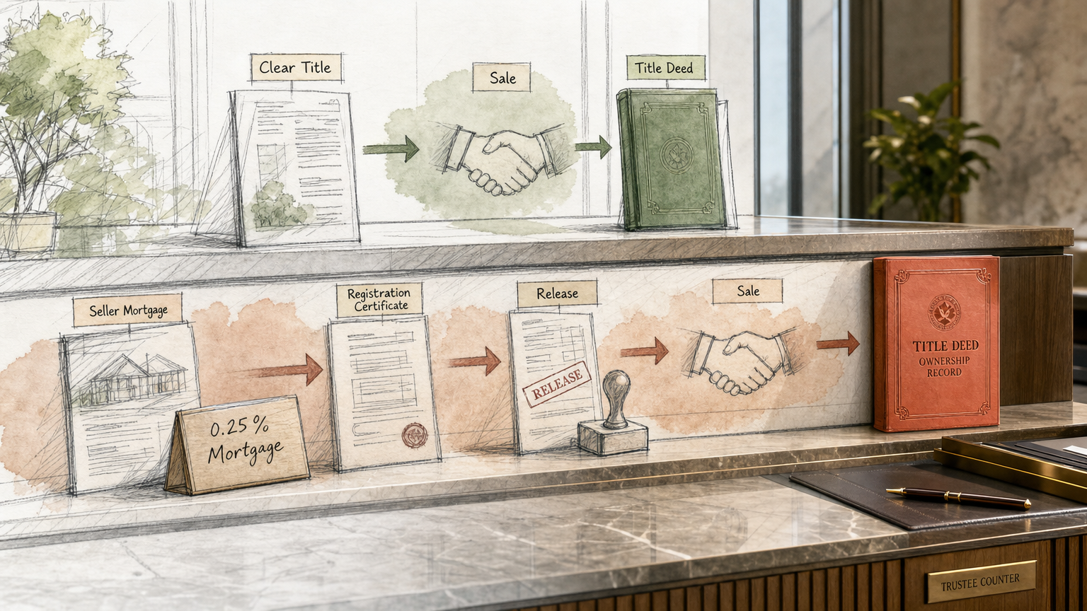 Cash sale and mortgaged sale paths at a Dubai trustee office