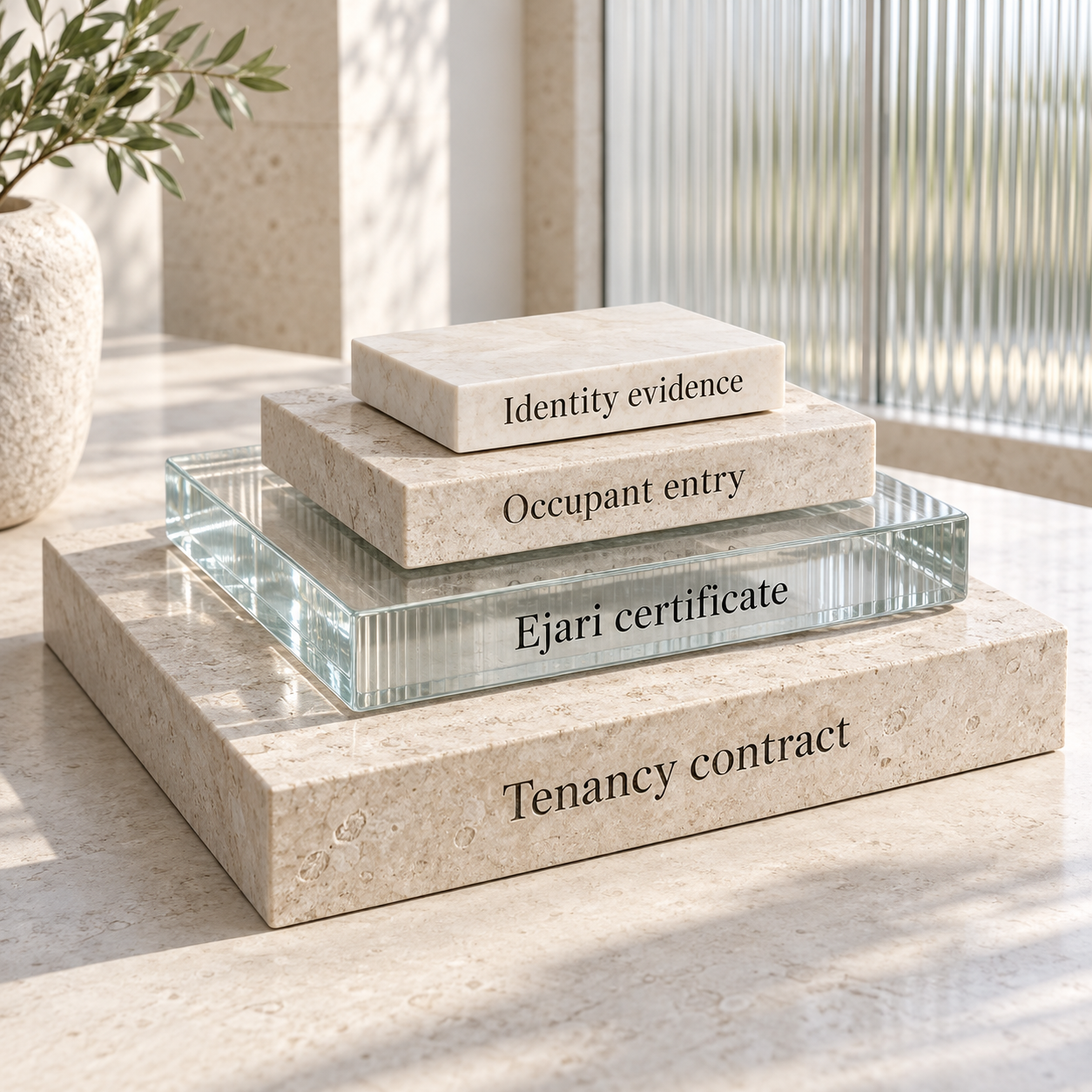 Four distinct layers for the tenancy contract, Ejari certificate, occupant entry and identity evidence