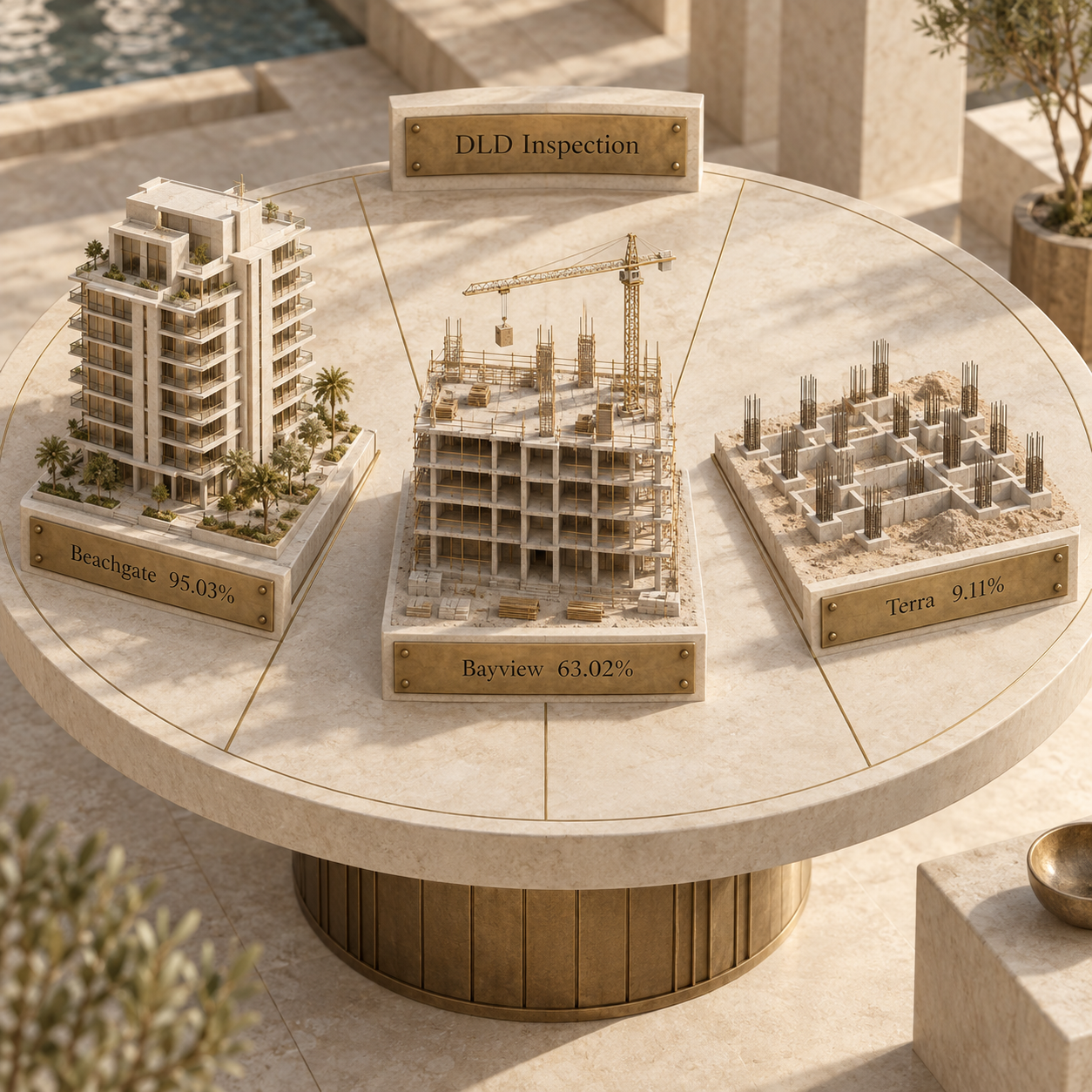 Three abstract construction samples labelled with the latest DLD inspection percentages for Beachgate, Bayview and Terra Heights