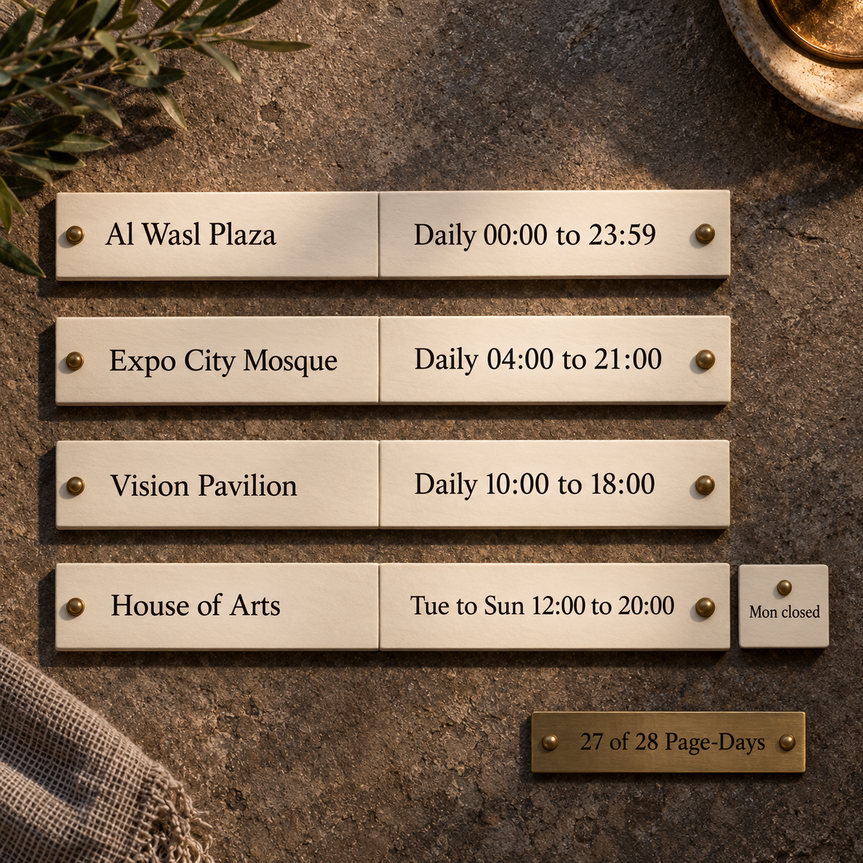 Four Expo City subject-page schedules arranged on a shared weekly hours board