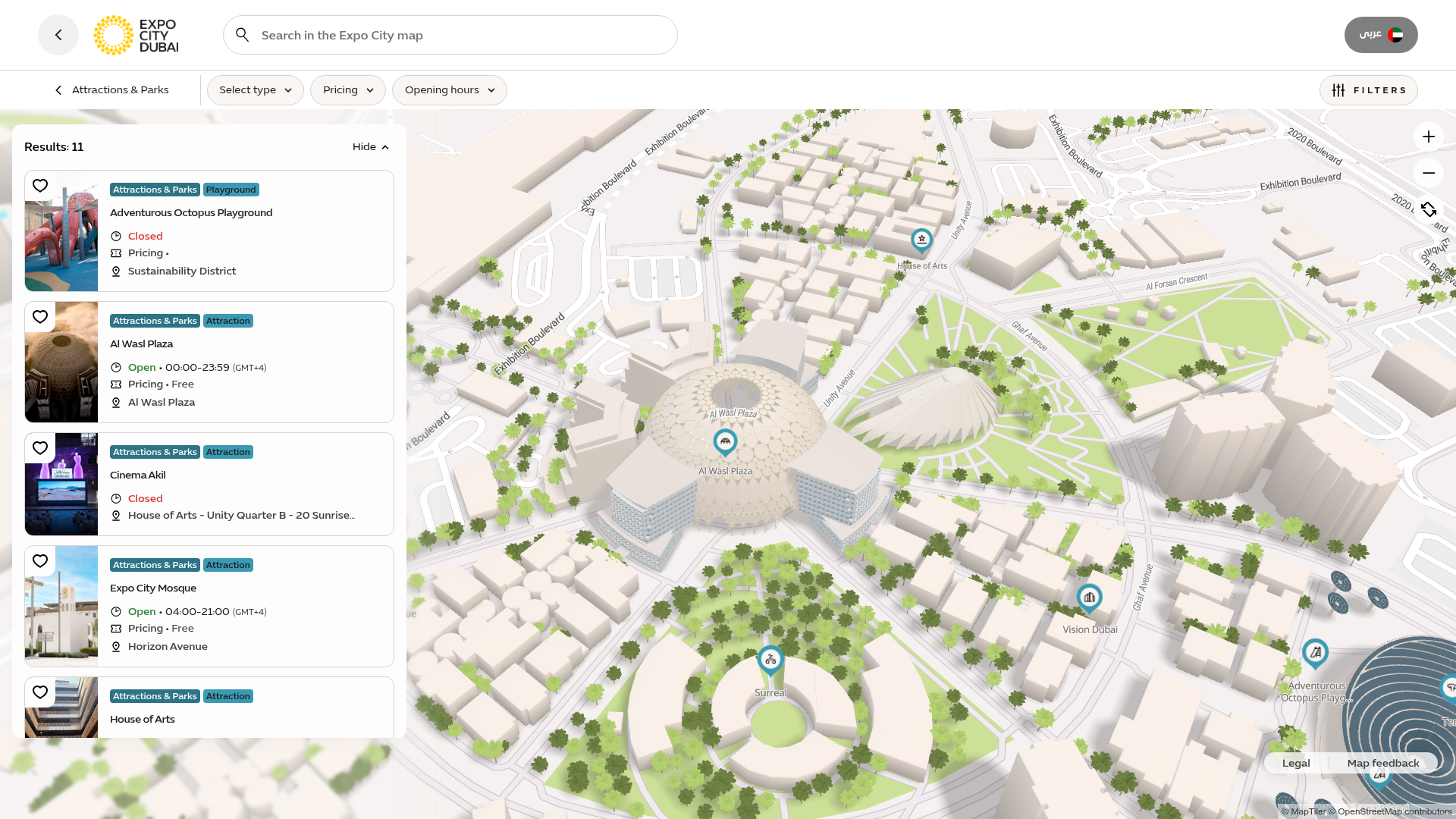 Expo City Dubai live map showing attractions and parks