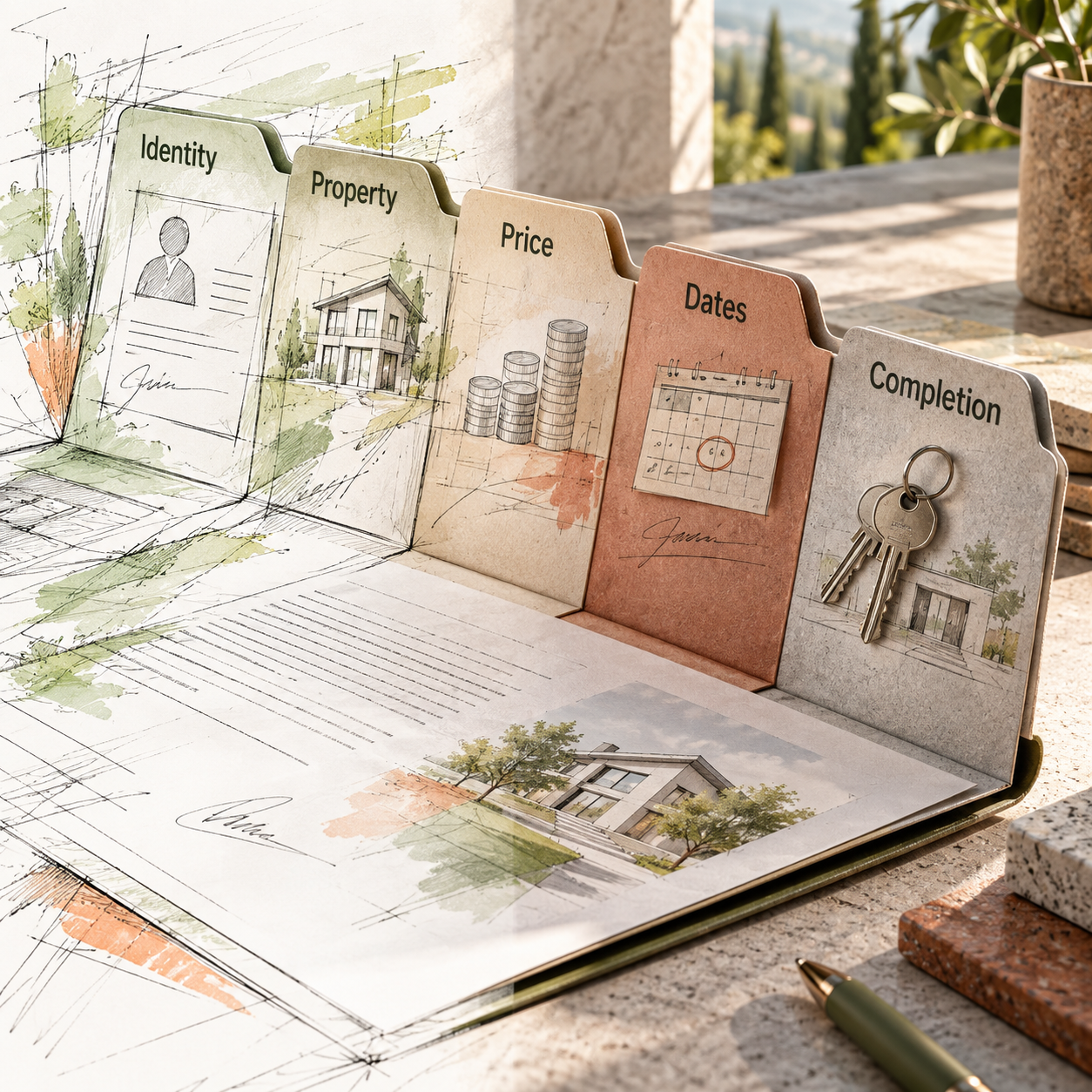 Five-part Form F contract map covering identity, property, price, dates and completion