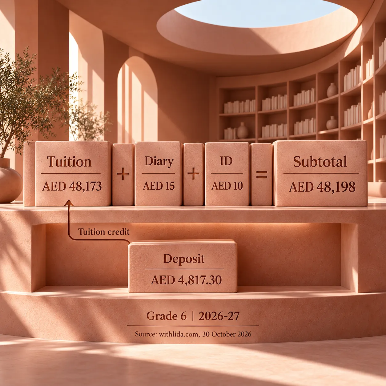 Grade 6 tuition plus diary and ID totals AED 48,198, with the deposit credited within tuition