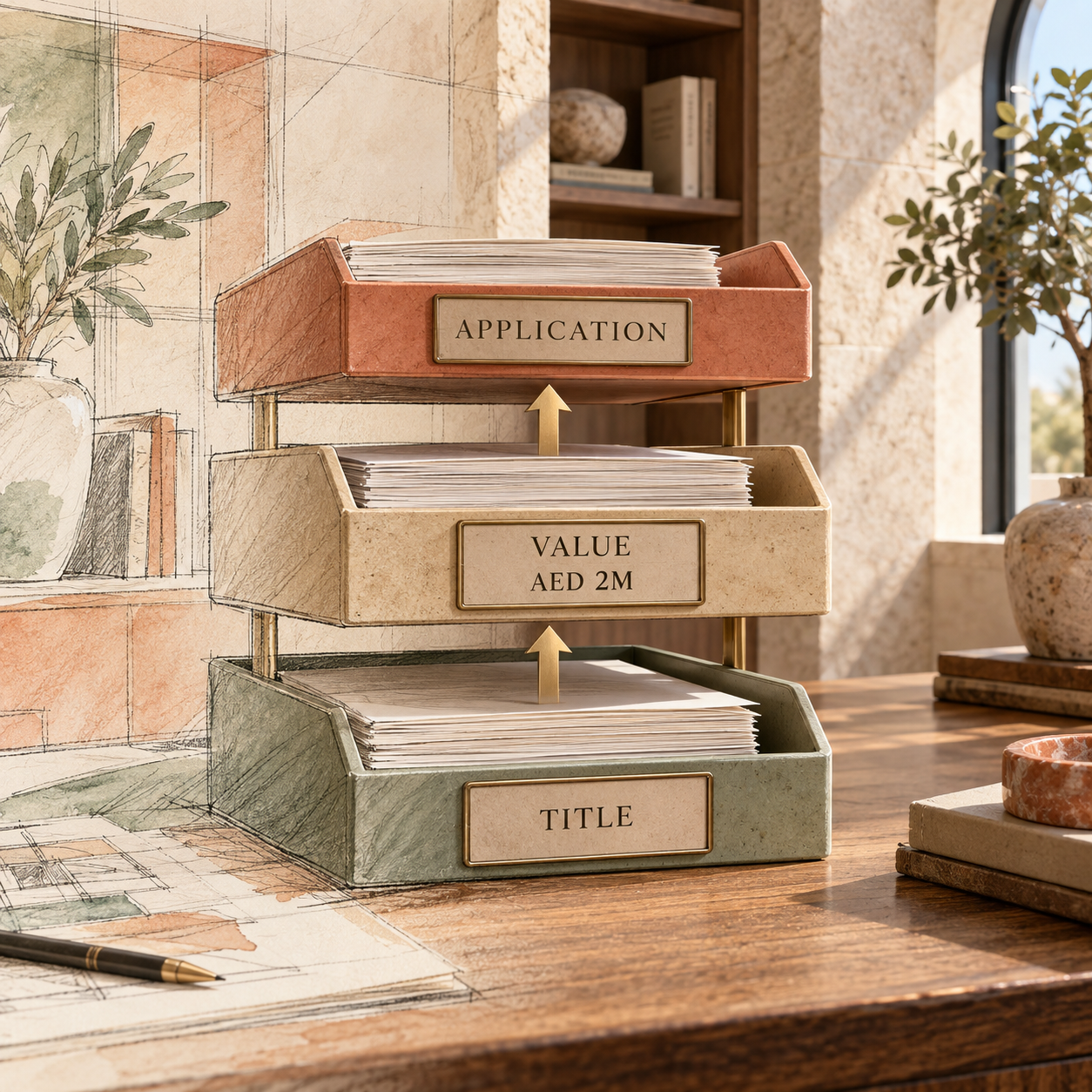 Three-layer Dubai Golden Visa property evidence stack for title, value and application