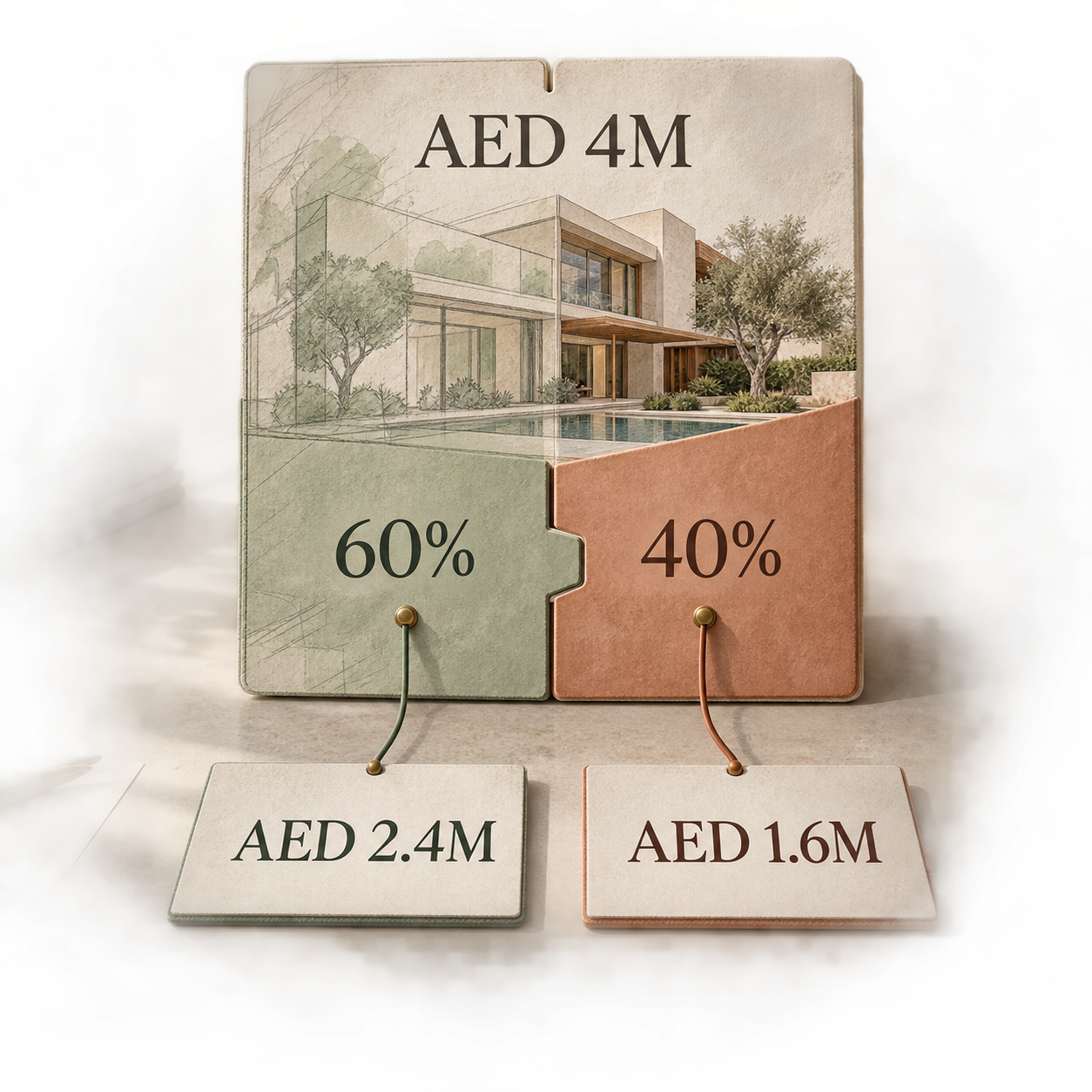 Worked joint ownership example dividing an AED 4 million certified value into 60 and 40 percent shares