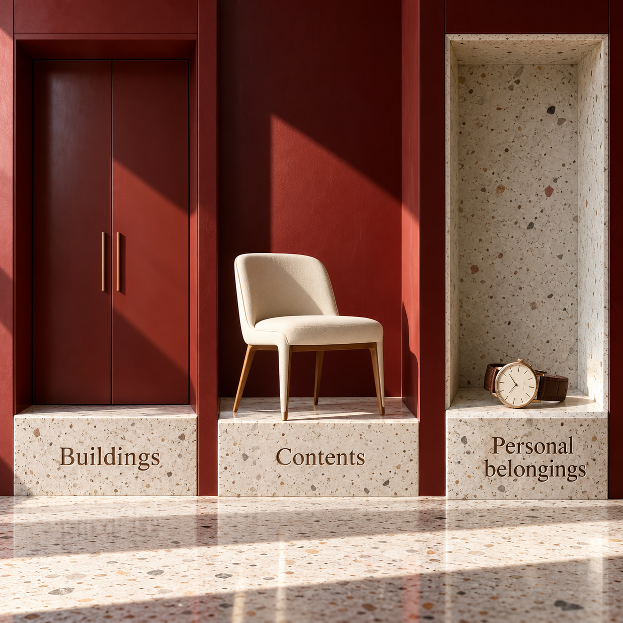 Fixed cupboard, moveable chair and watch illustrate buildings, contents and personal belongings categories