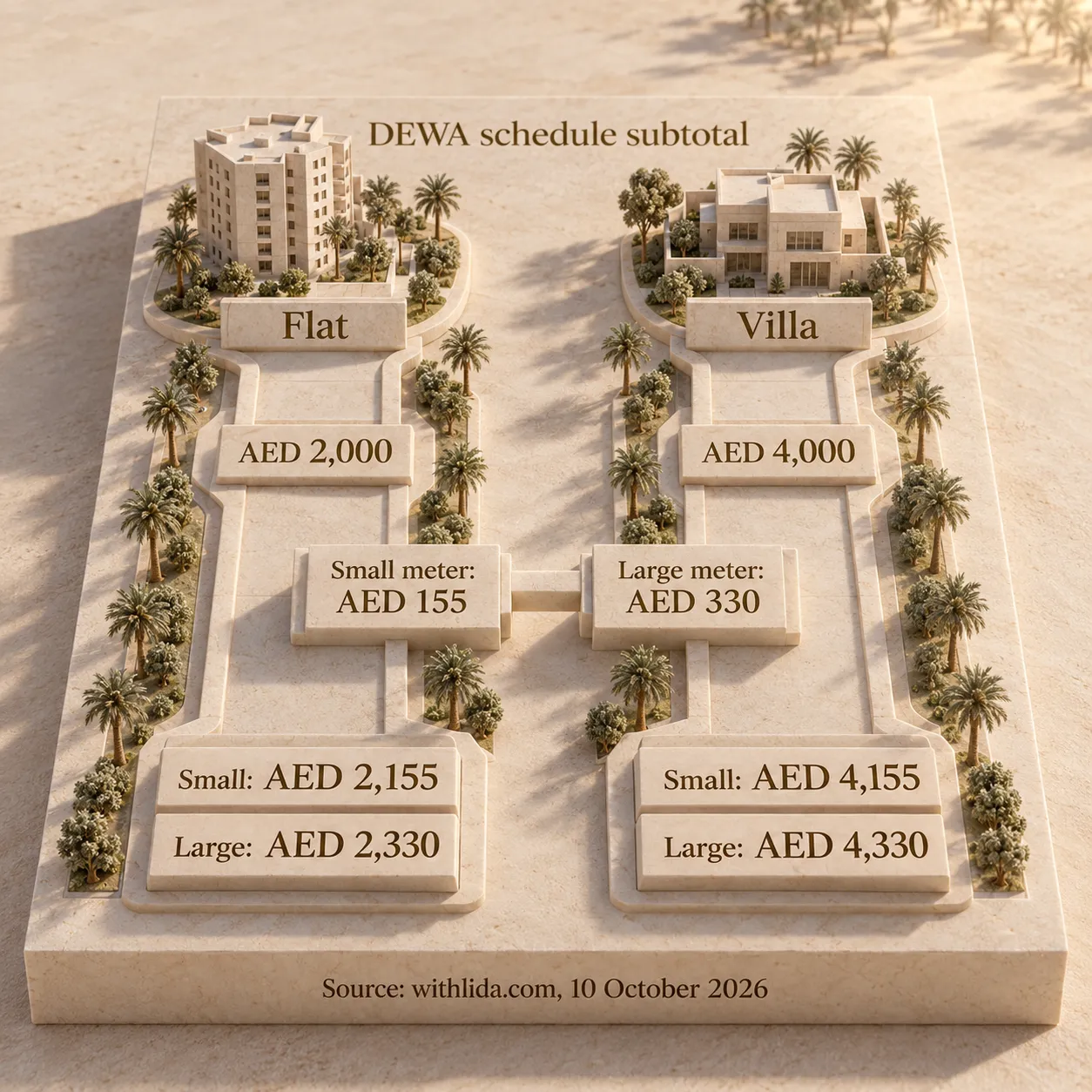 DEWA schedule comparison keeps flat and villa deposits separate from small and large meter activation components, producing four limited subtotals.