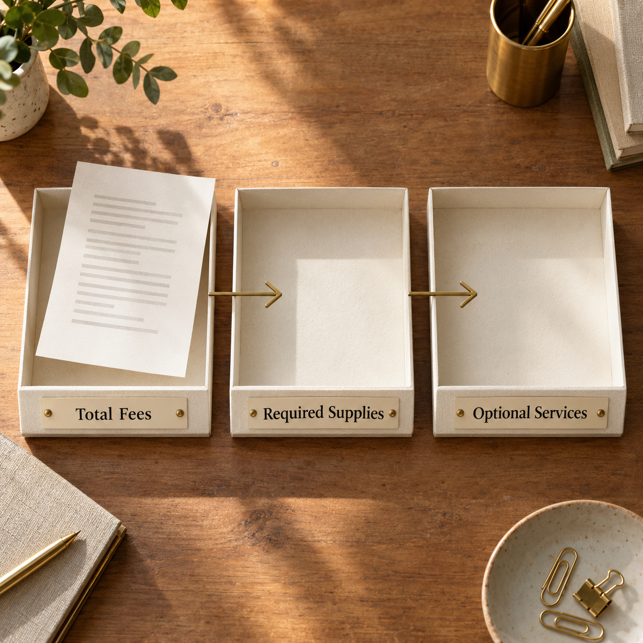 Three-layer KHDA school fee reading method separating total fees, required supplies and optional services