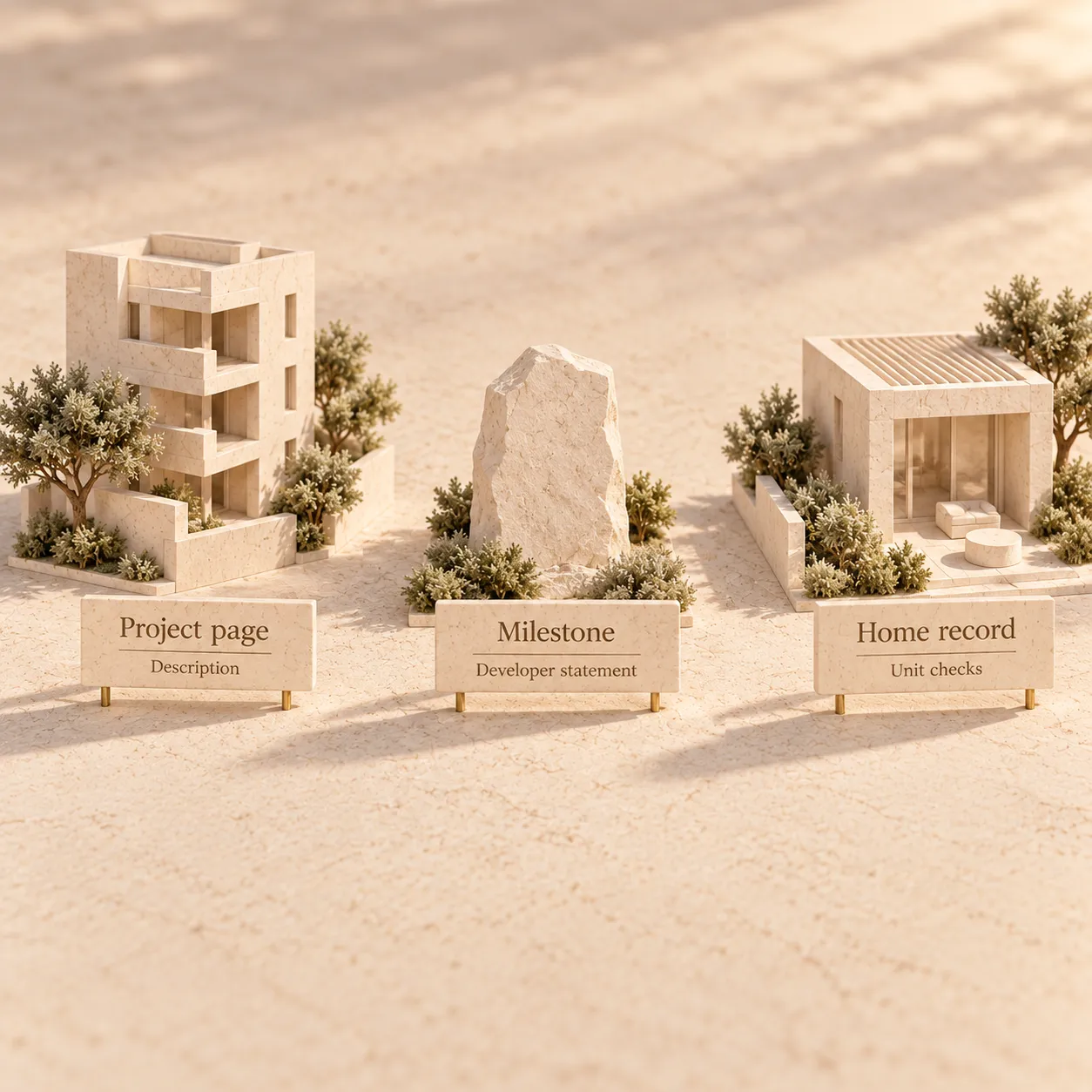 Conceptual maquette distinguishing a project description, developer milestone and individual home record
