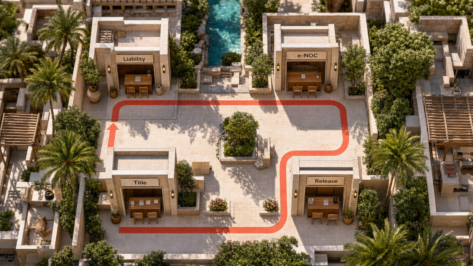 Four-document handoff from liability letter to developer e-NOC, mortgage release and title
