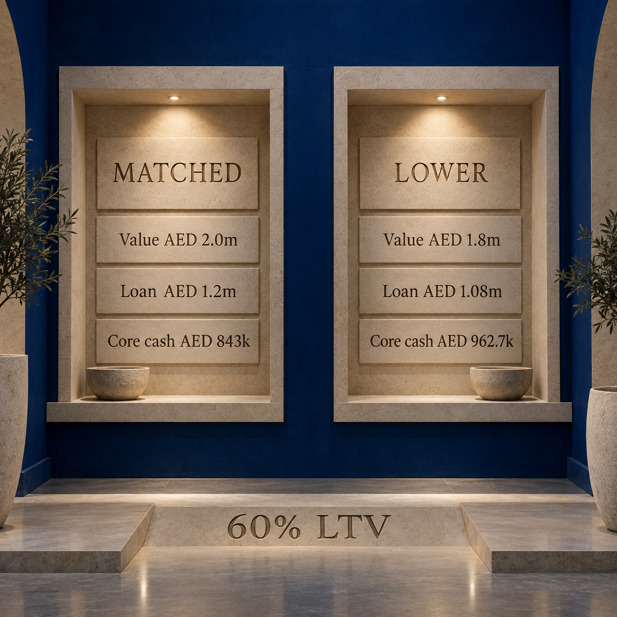 Two worked cash ledgers comparing a matching valuation with a lower lender valuation