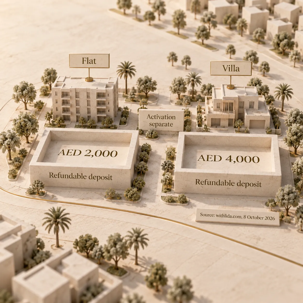 DEWA refundable deposits of AED 2,000 for a flat and AED 4,000 for a villa, with activation shown separately