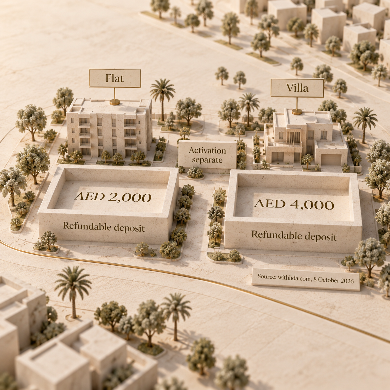 DEWA refundable deposits of AED 2,000 for a flat and AED 4,000 for a villa, with activation shown separately