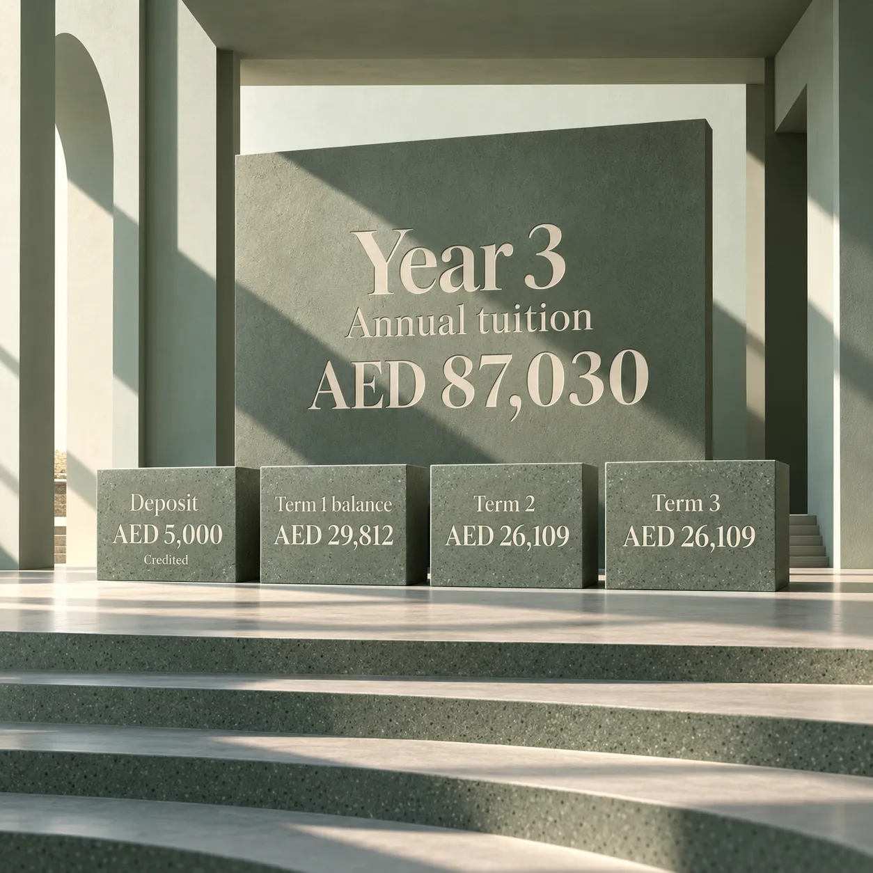 Year 3 fee timing: AED 5,000 credited deposit plus AED 29,812 Term 1 balance, AED 26,109 Term 2 and AED 26,109 Term 3 equals AED 87,030 tuition