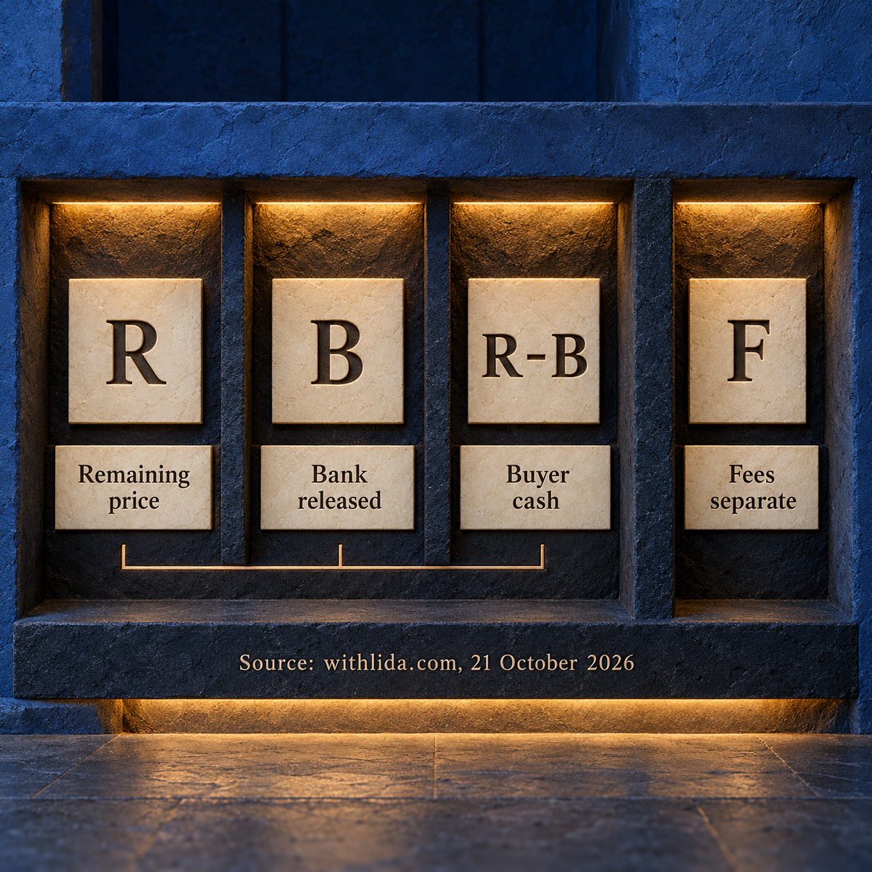 Symbolic ledger showing remaining price R, bank released B, buyer price cash R minus B and fees F separately