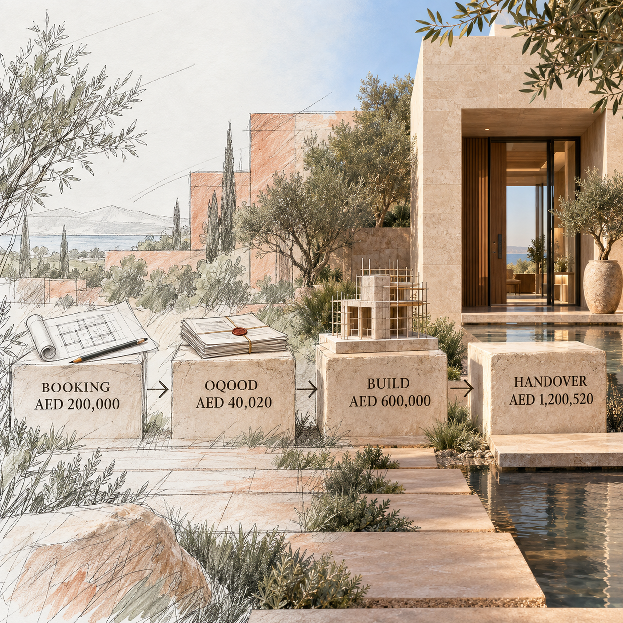 Four-stage off-plan cash calendar for a hypothetical AED 2 million purchase