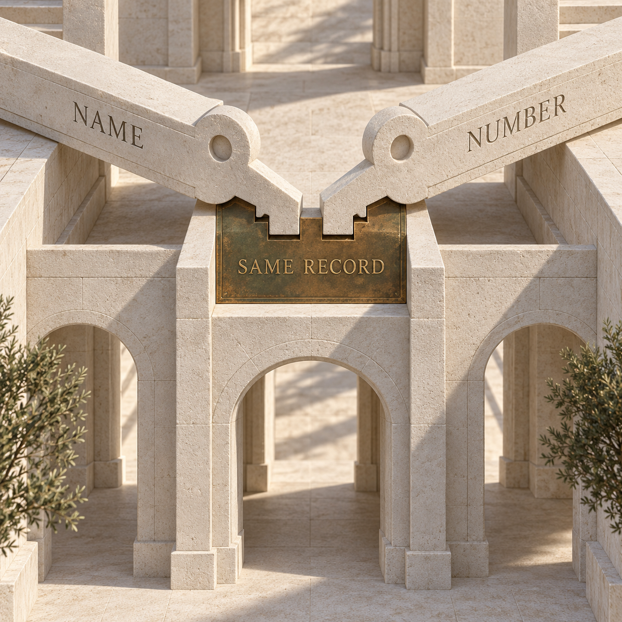 Name and number search keys meeting at the same official record