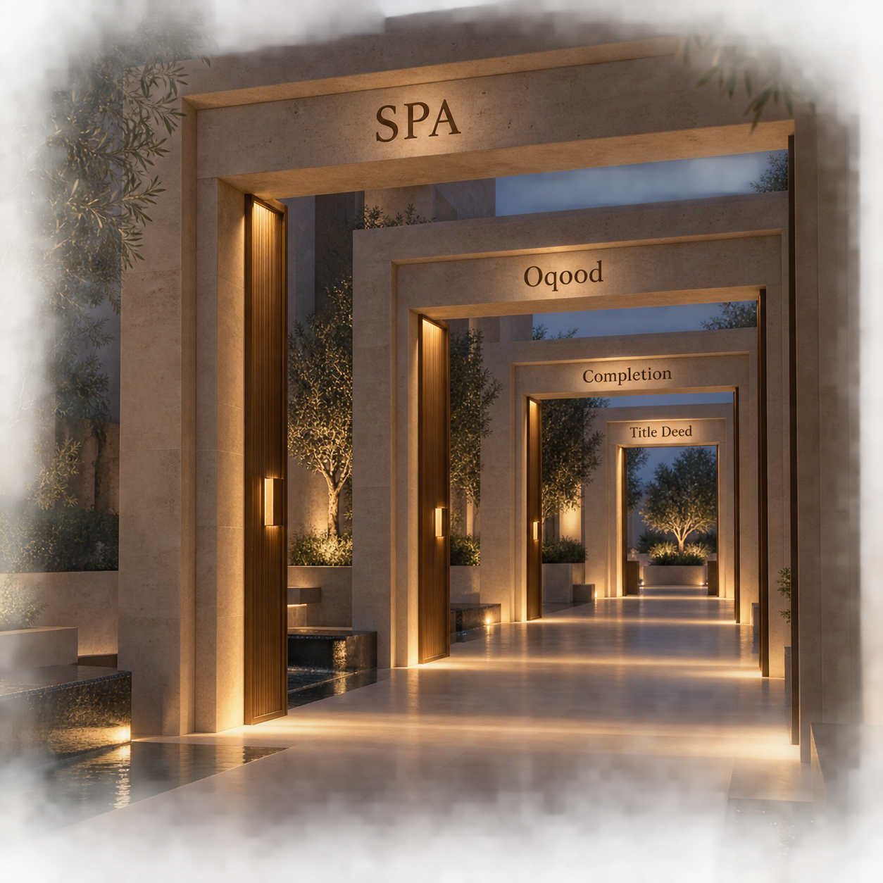 Four-stage Dubai property record path from SPA to Oqood, completion and title deed